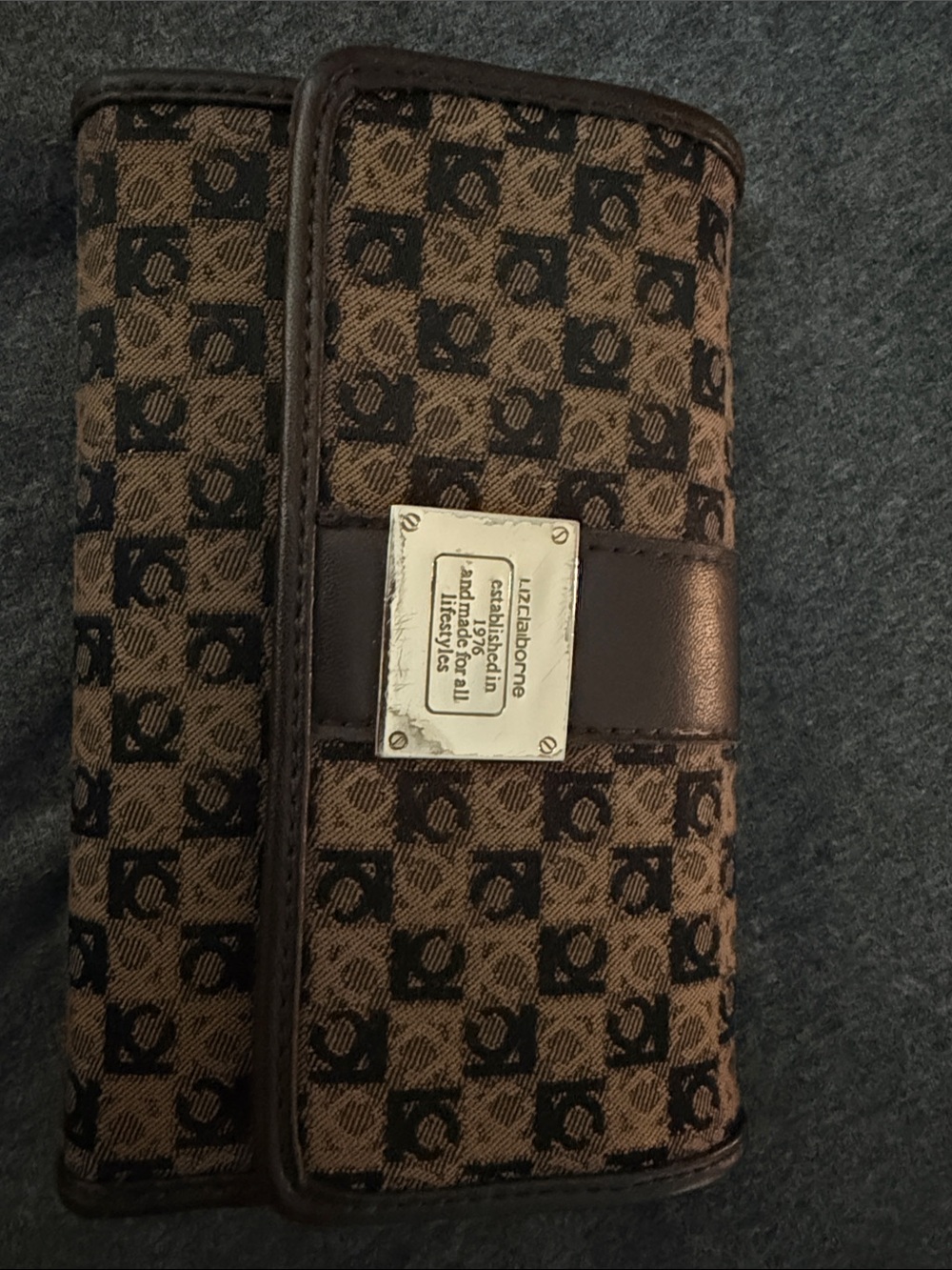 Liz Claiborne Brown and Tan Monogram Trifold Wallet with Logo Plaque